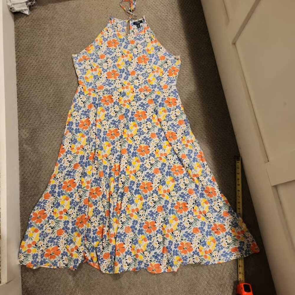 NEW Womens Chaps 100% COTTON Sleeveless Halter Maxi Pockets Floral Dress -XL
